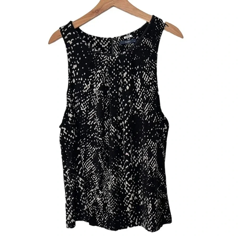 Tart Sleeveless Tank Top 2X Black White Abstract Print Back‎ Zip Pleated Front